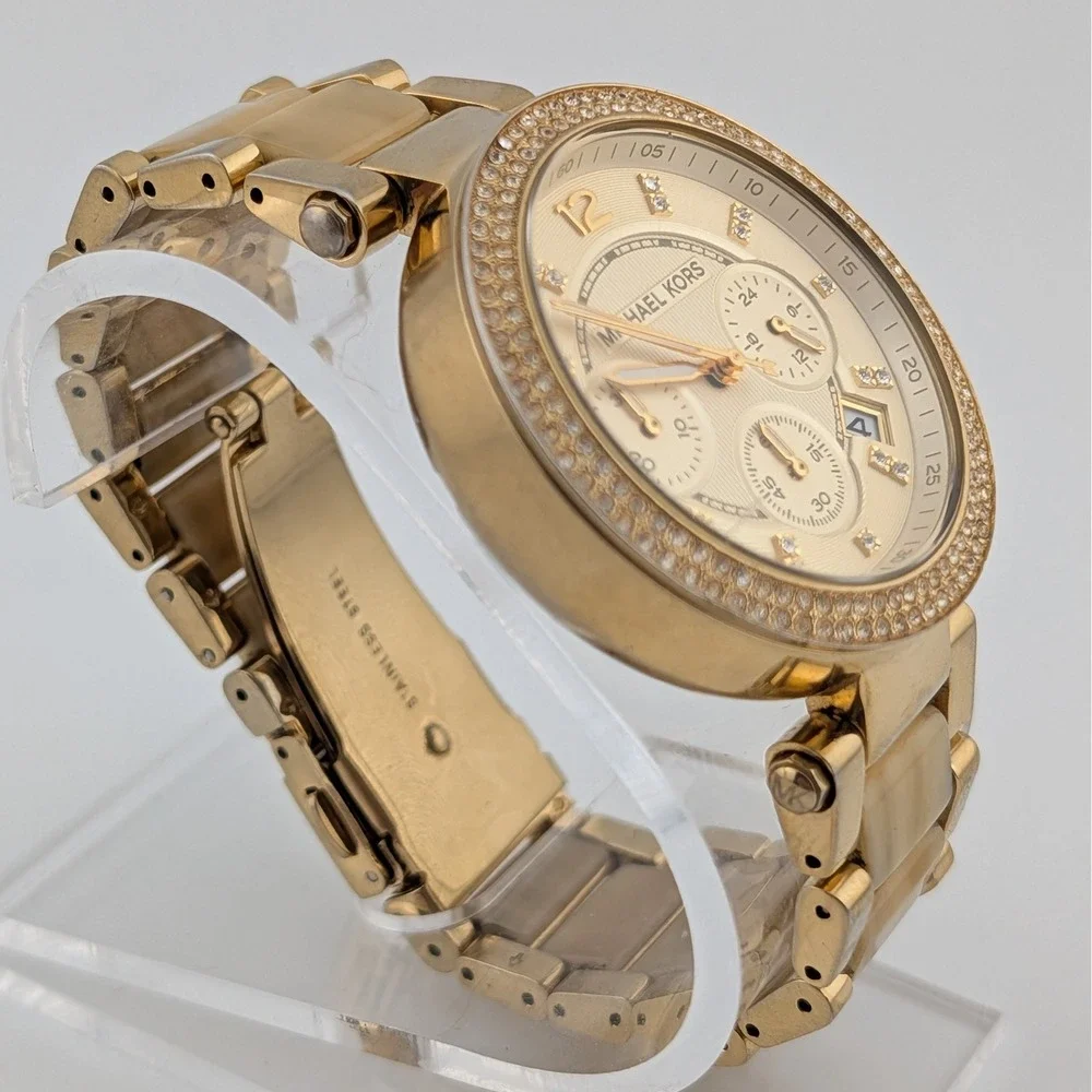 Michael Kors Parker MK5632 Gold Tone Crystal Bezel Horn Acetate Chrono Watch
